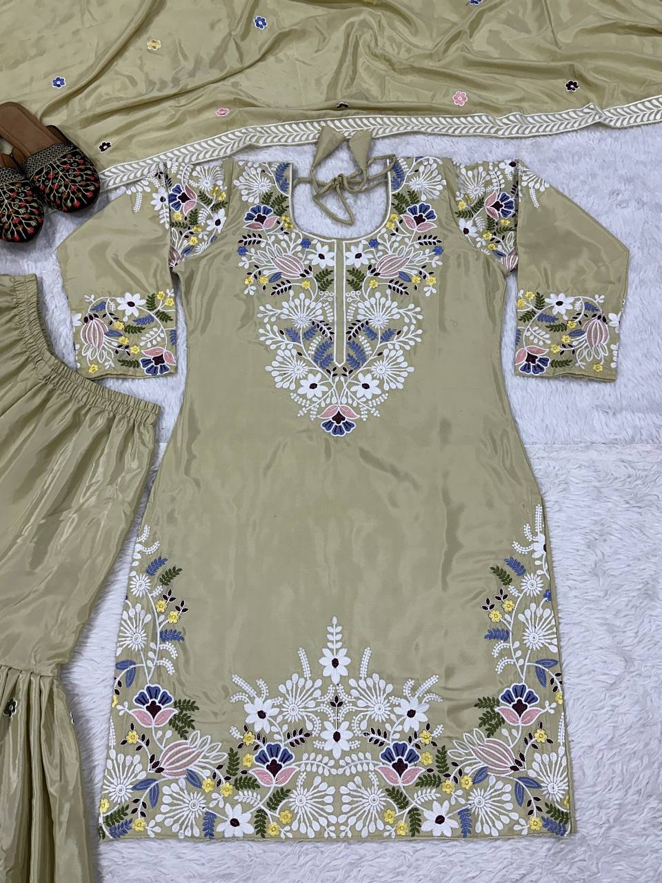 Natural Crepe silk hand embroidery work kurta sharara set