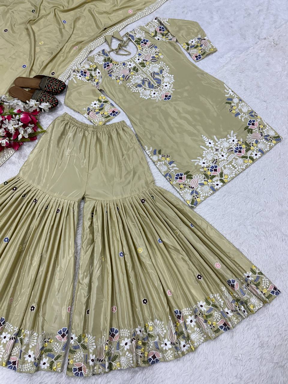 Natural Crepe silk hand embroidery work kurta sharara set