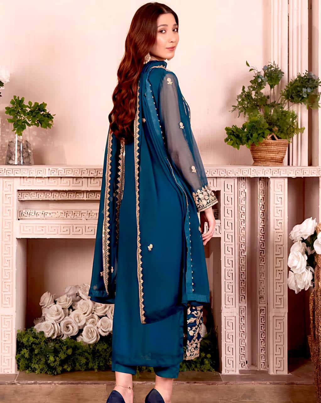 Elegant Heavy Faux Georgette Embroidered Top and Pant and Dupatta Set