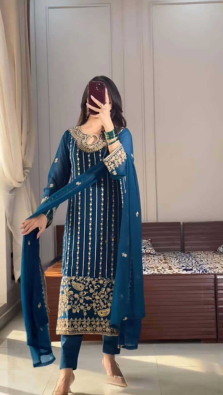 Elegant Heavy Faux Georgette Embroidered Top and Pant and Dupatta Set