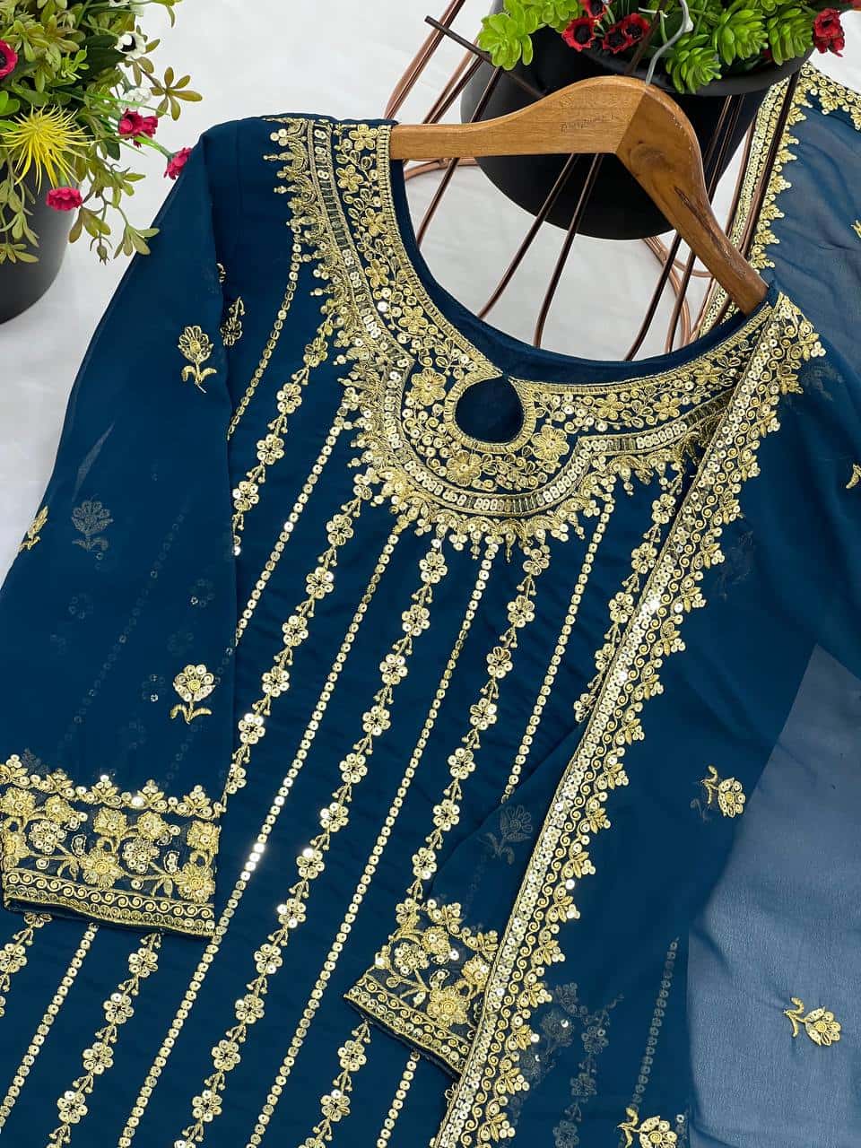Elegant Heavy Faux Georgette Embroidered Top and Pant and Dupatta Set