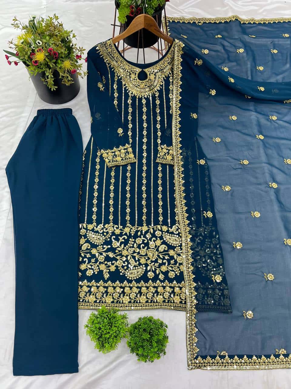 Elegant Heavy Faux Georgette Embroidered Top and Pant and Dupatta Set