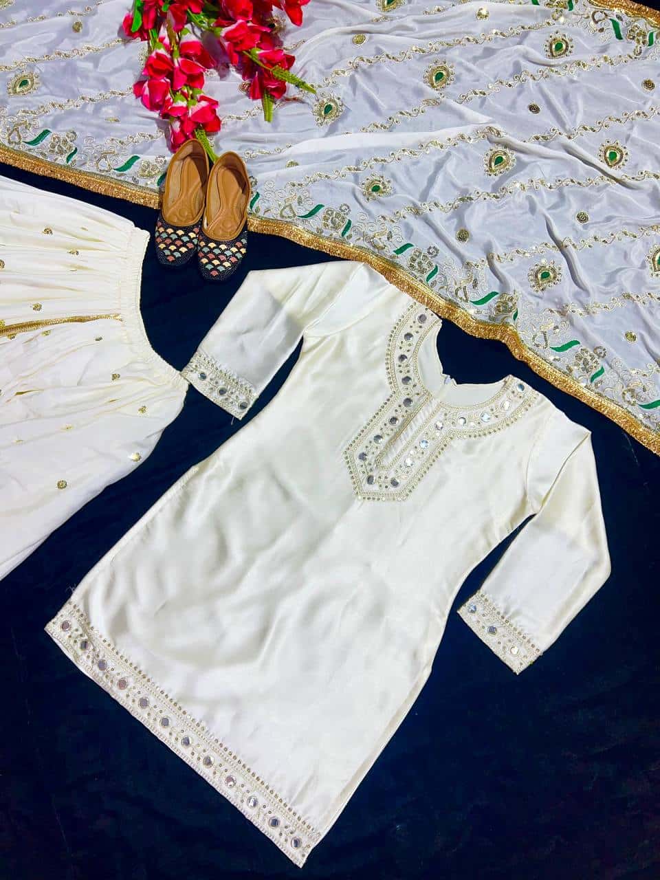 Heavy Malay Silk Embroidered Top with Mirror Work, Faux Georgette Dhoti Skirt, and Dupatta - Full Stitched Ethnic Party Wear Set for Women
