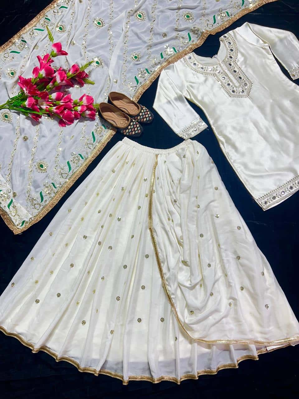 Heavy Malay Silk Embroidered Top with Mirror Work, Faux Georgette Dhoti Skirt, and Dupatta - Full Stitched Ethnic Party Wear Set for Women