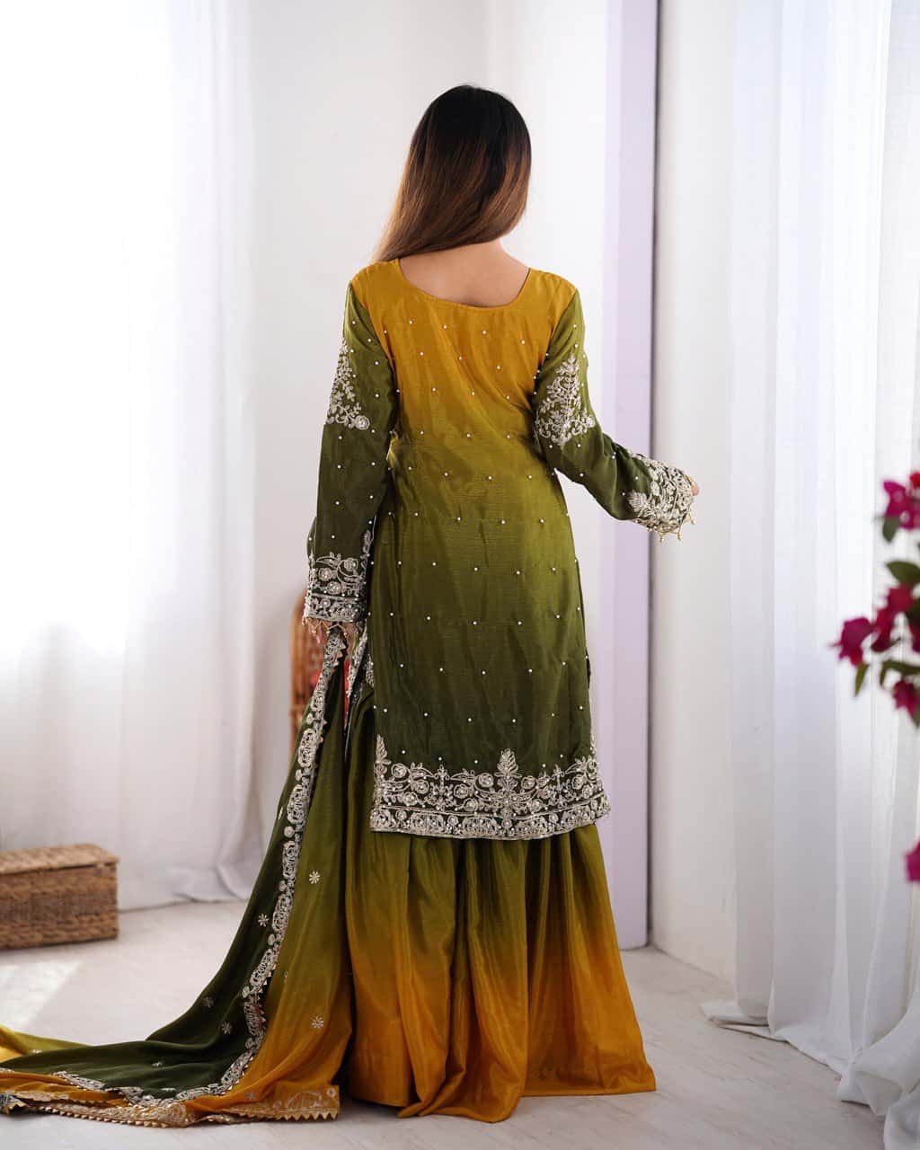 Designer silk kurta palazzo with dupatta set