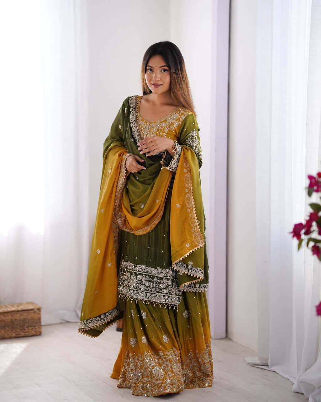 Designer silk kurta palazzo with dupatta set