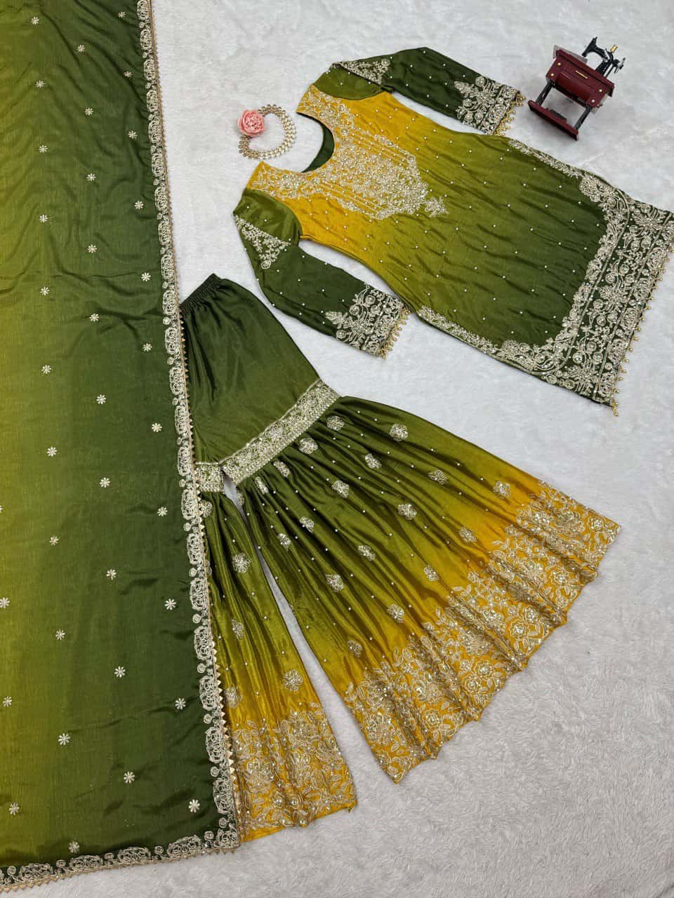 Designer silk kurta palazzo with dupatta set