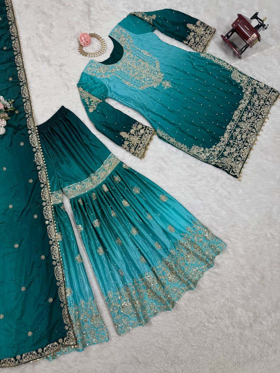 Designer silk kurta palazzo with dupatta set