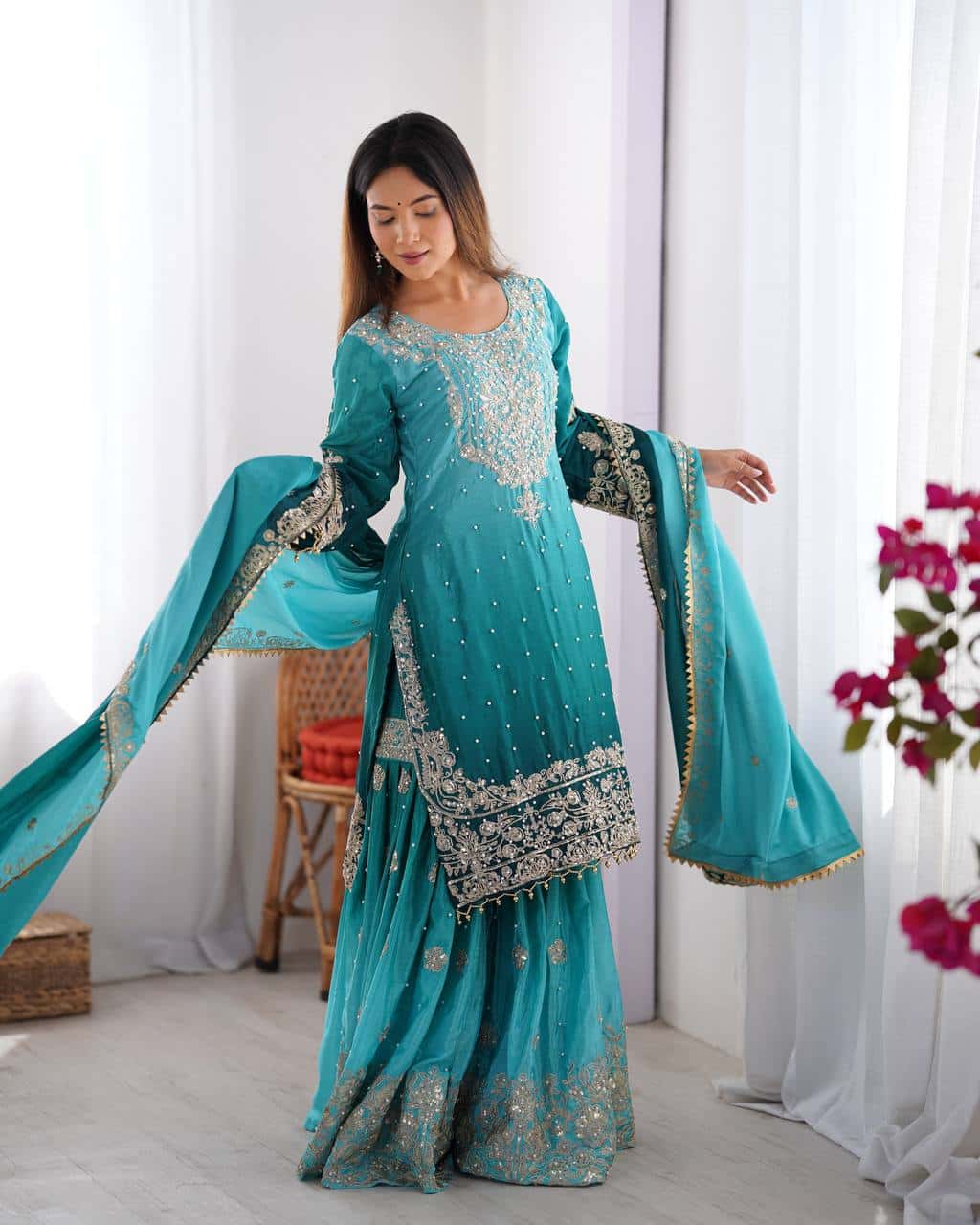 Designer silk kurta palazzo with dupatta set