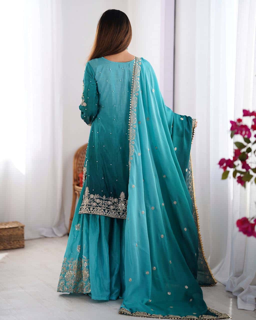 Designer silk kurta palazzo with dupatta set