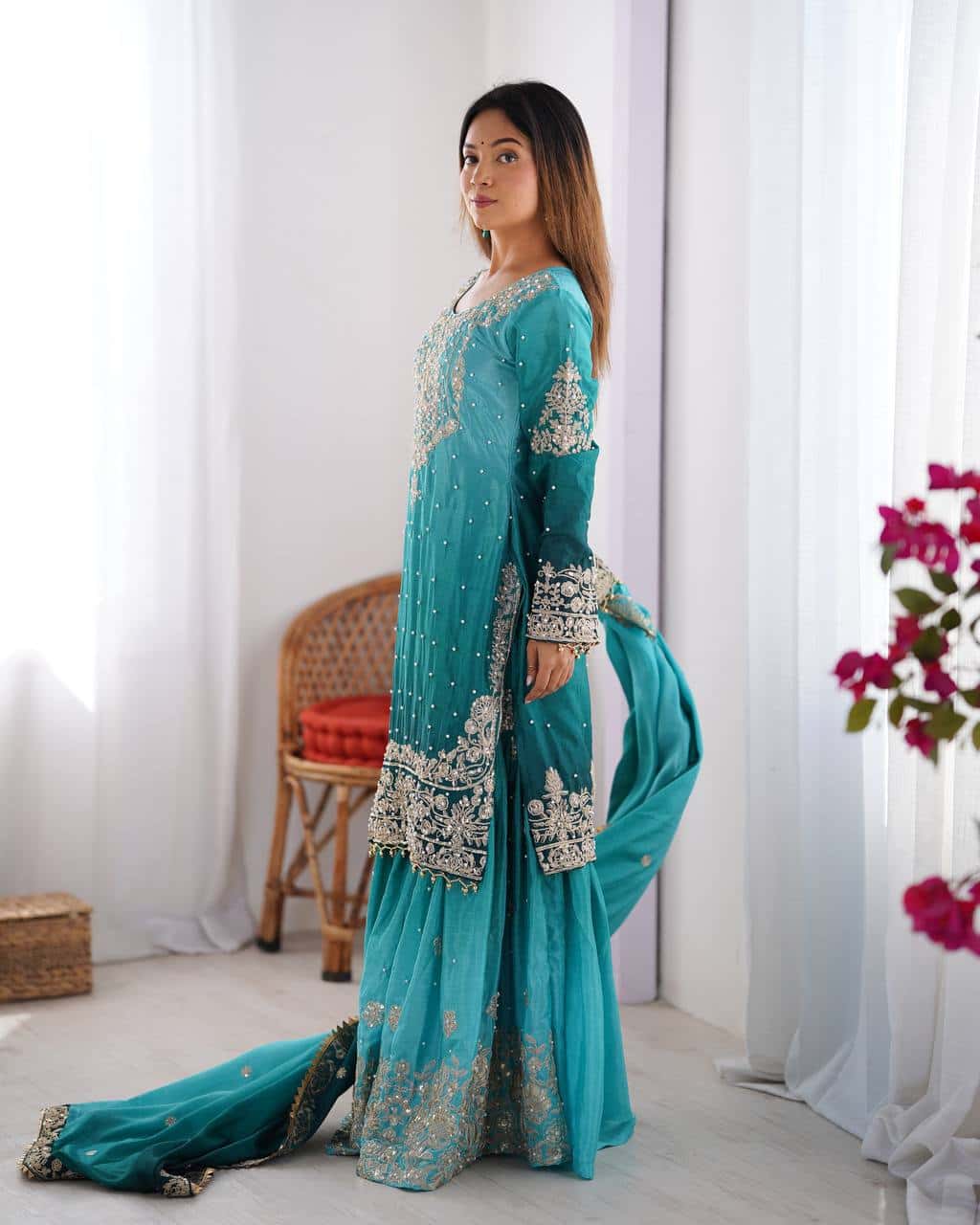 Designer silk kurta palazzo with dupatta set
