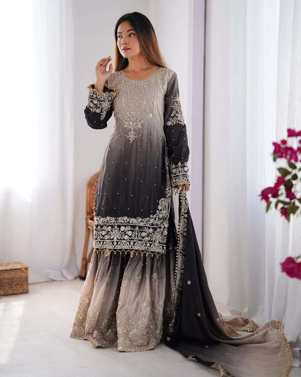 Designer silk kurta palazzo with dupatta set