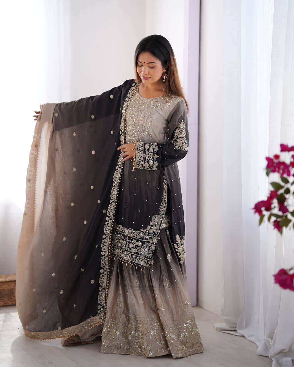 Designer silk kurta palazzo with dupatta set