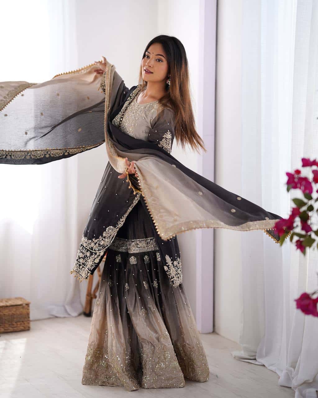 Designer silk kurta palazzo with dupatta set