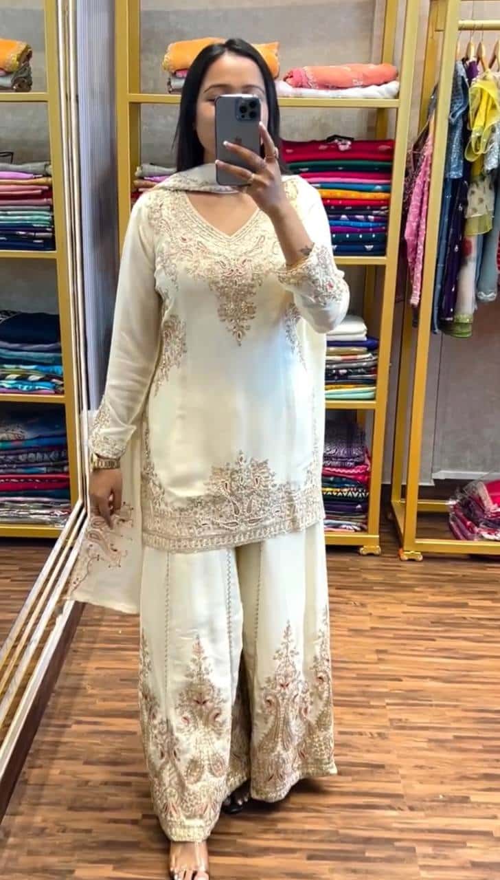 Wedding wear chinnon silk hand embroidered kurta palazzo with dupatta sets