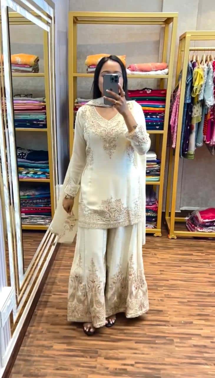Wedding wear chinnon silk hand embroidered kurta palazzo with dupatta sets