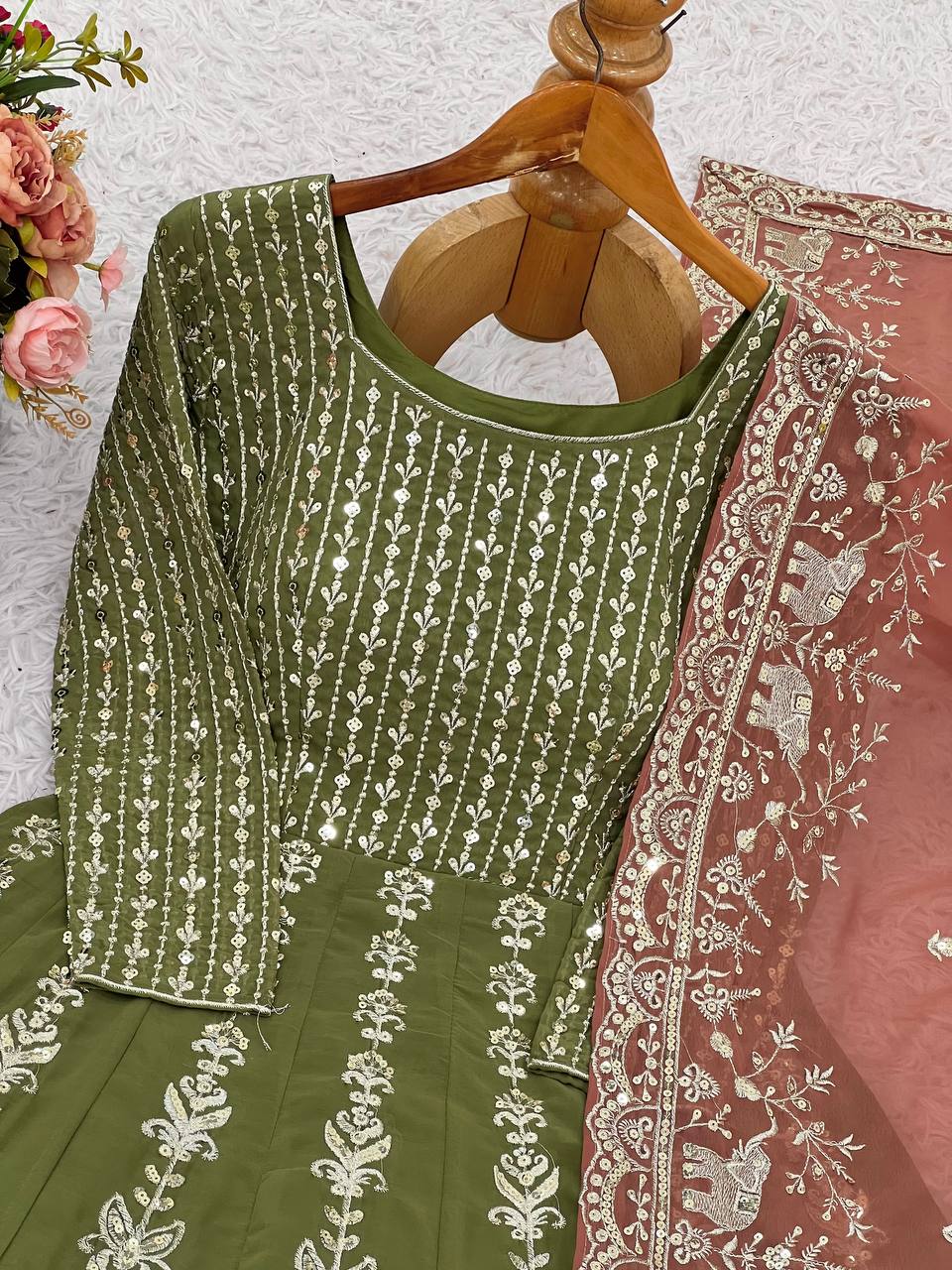 Faux georgette anarkali full flared gown pant with dupatta sets