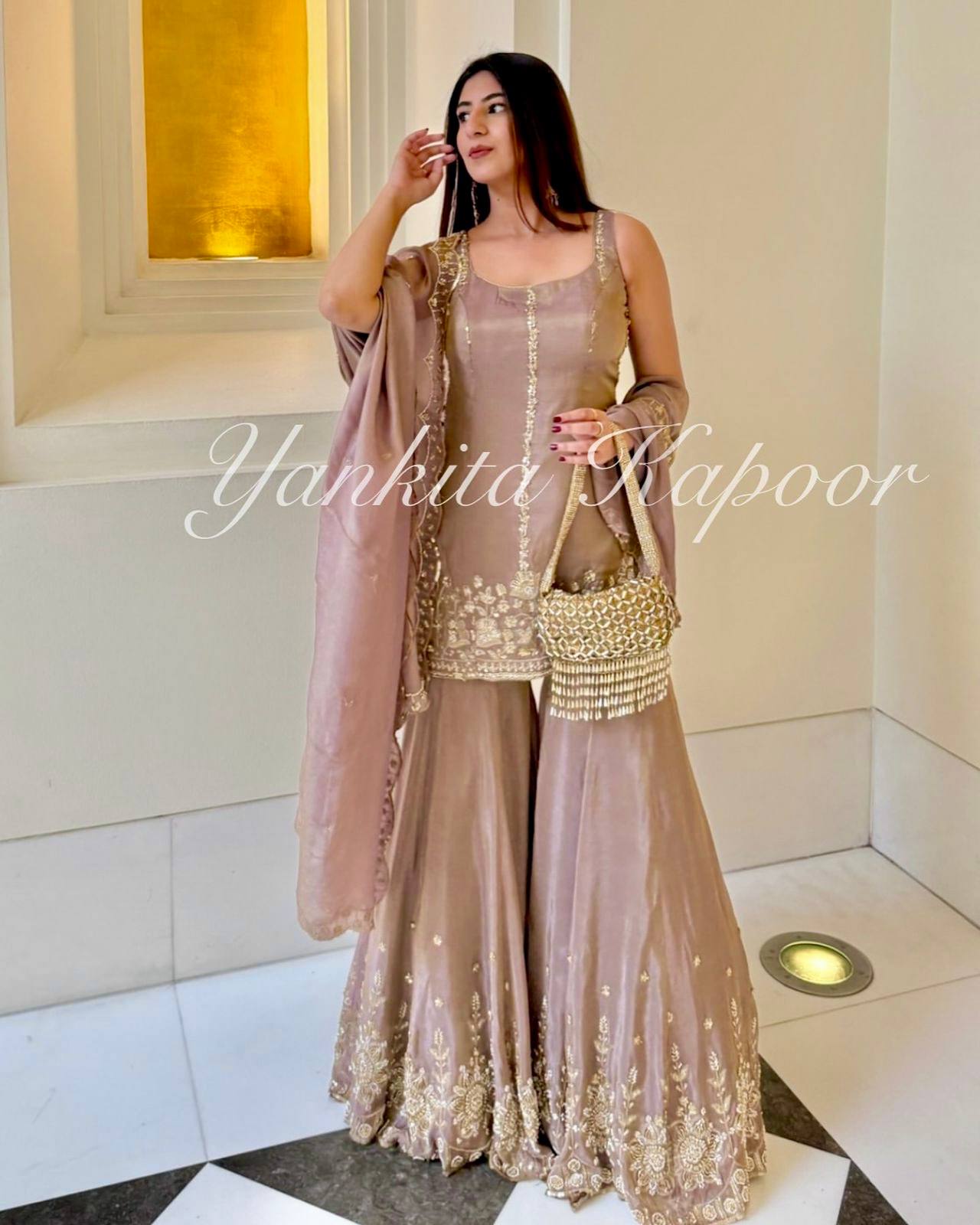 Heavy Chinon Silk Embroidered Top & Sharara Set with Dupatta