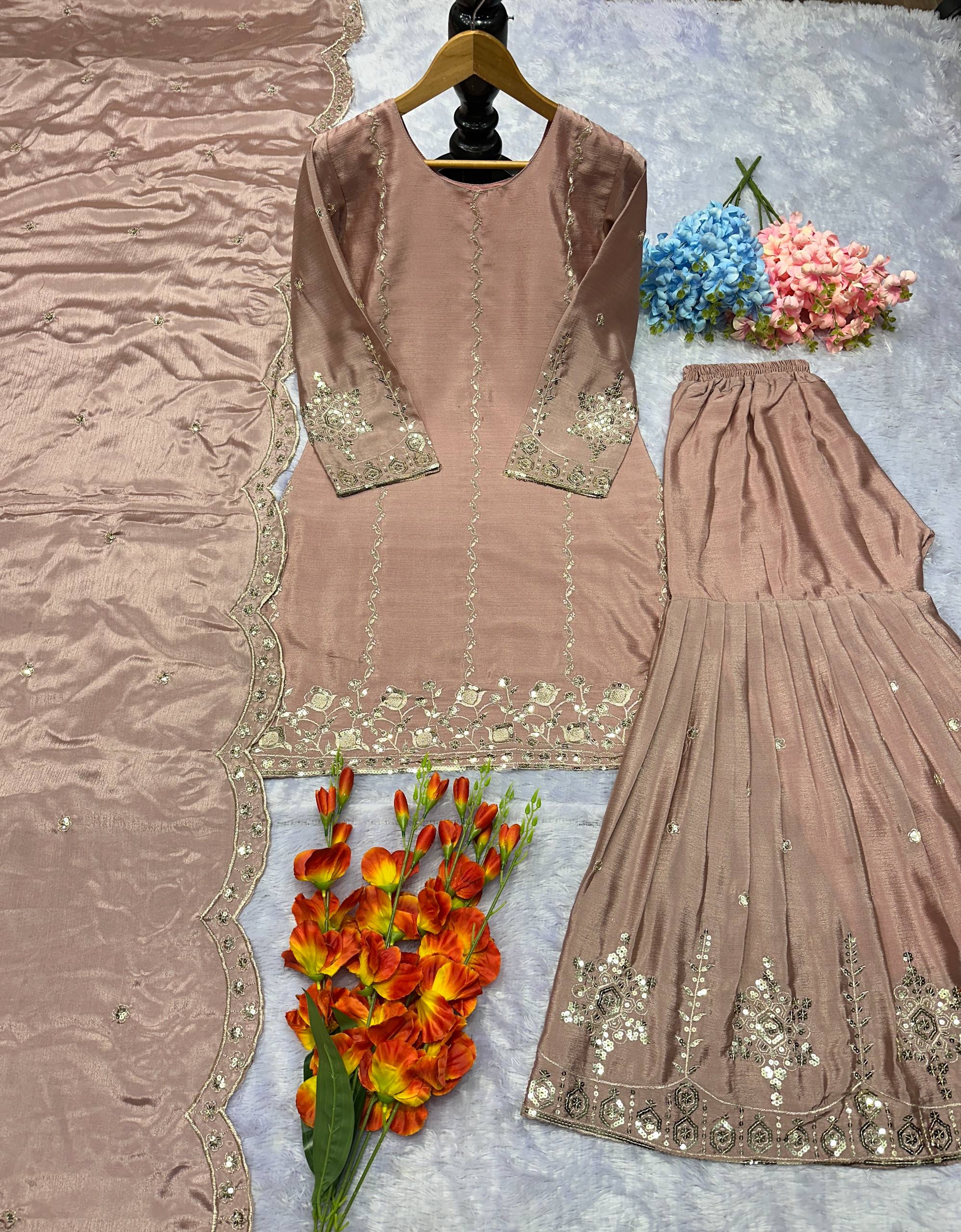 Heavy Chinon Silk Embroidered Top & Sharara Set with Dupatta