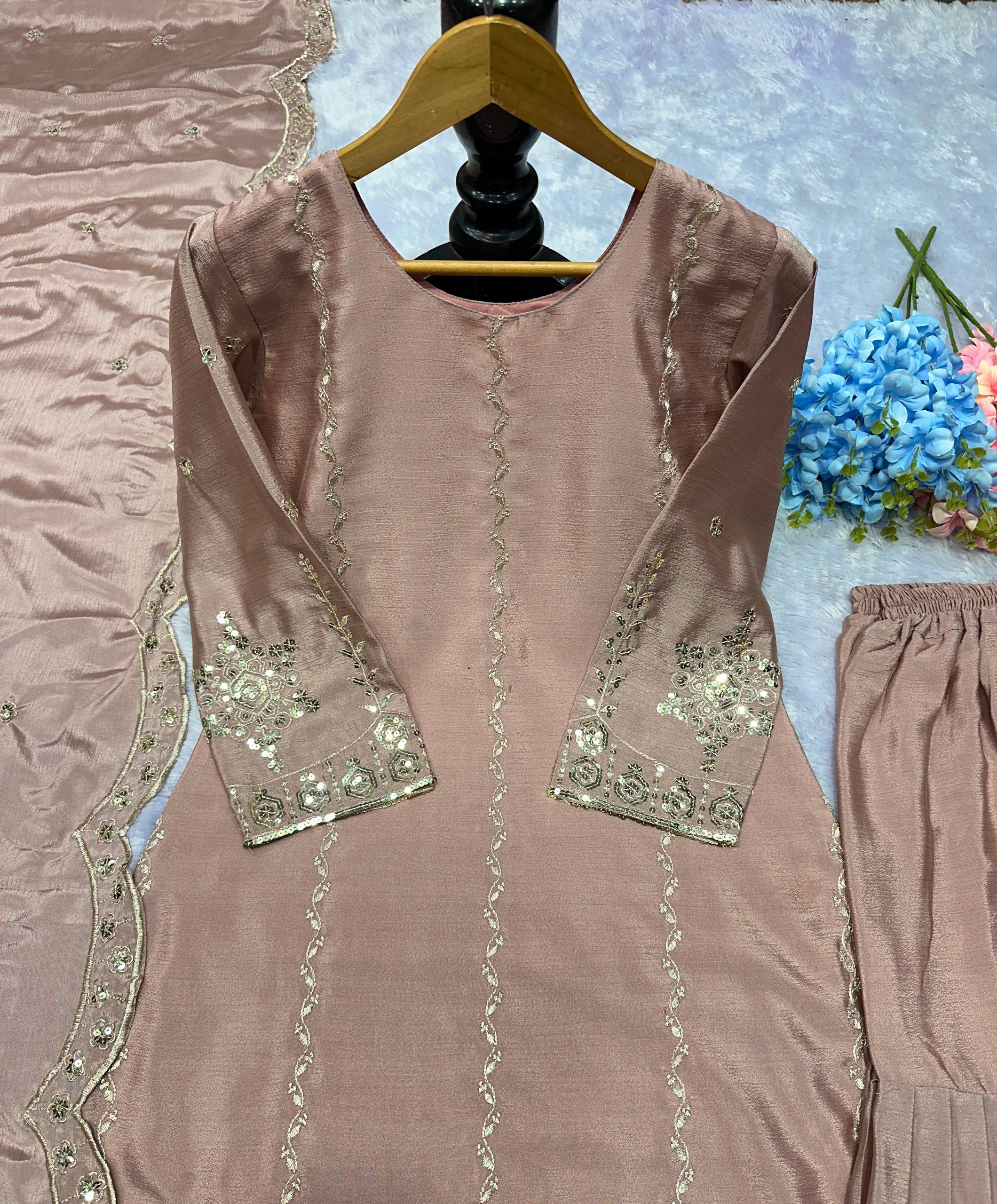 Heavy Chinon Silk Embroidered Top & Sharara Set with Dupatta