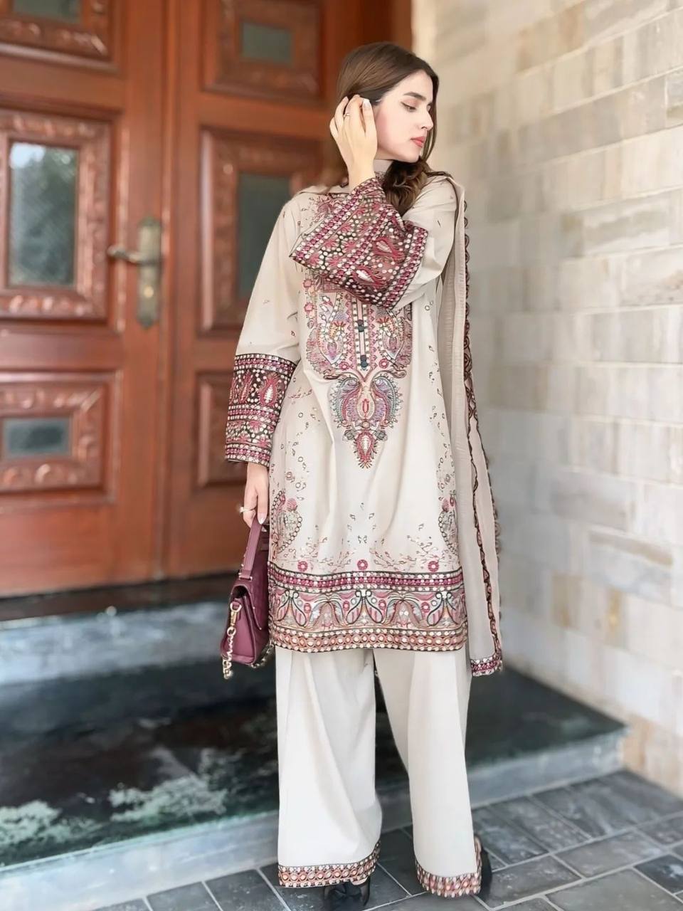 Pakistani  Roman Silk Palazzo Set with Embroidered georgette Dupatta