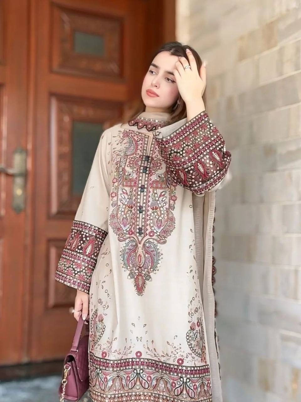 Pakistani  Roman Silk Palazzo Set with Embroidered georgette Dupatta