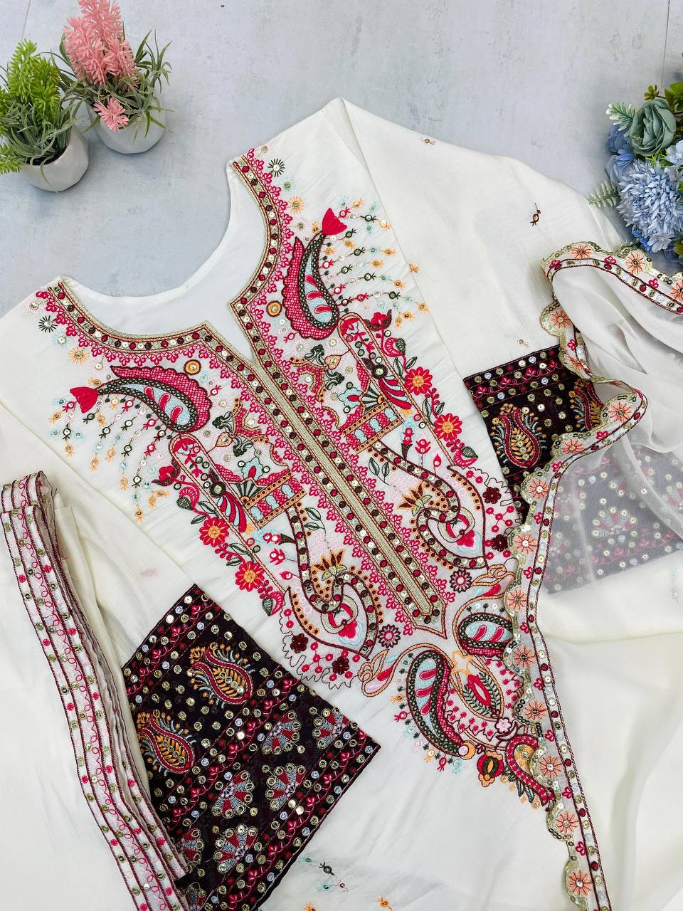 Pakistani  Roman Silk Palazzo Set with Embroidered georgette Dupatta
