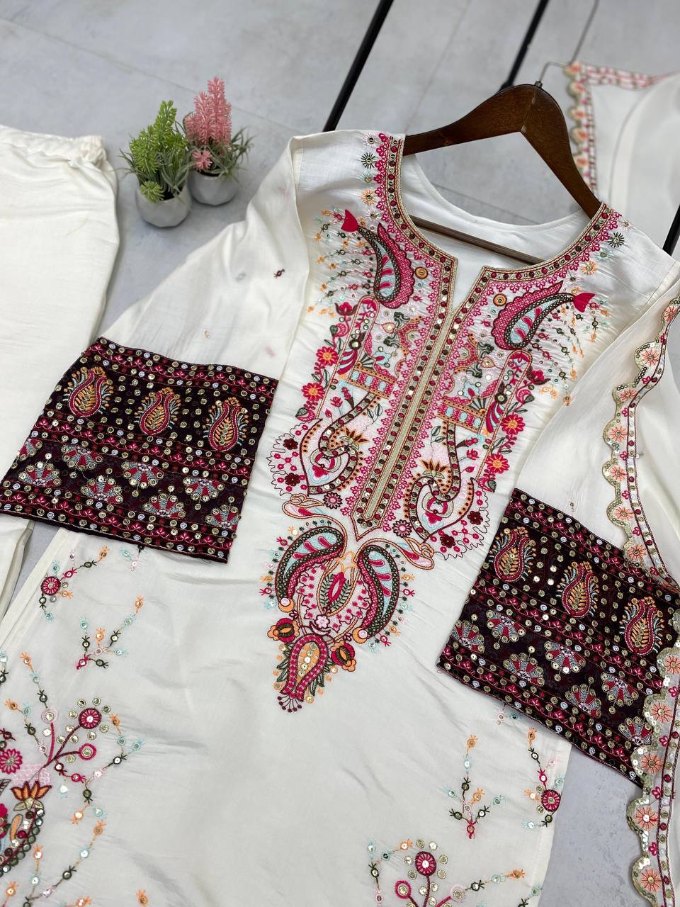 Pakistani  Roman Silk Palazzo Set with Embroidered georgette Dupatta