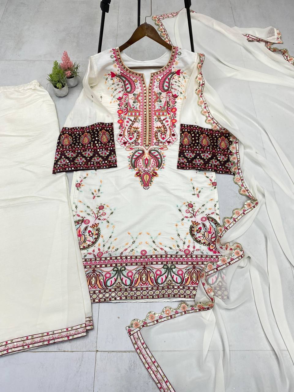 Pakistani  Roman Silk Palazzo Set with Embroidered georgette Dupatta