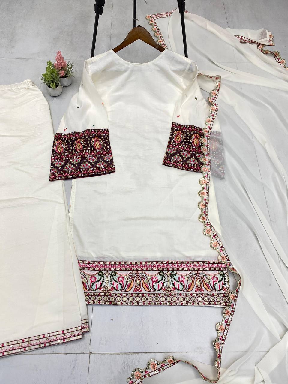 Pakistani  Roman Silk Palazzo Set with Embroidered georgette Dupatta
