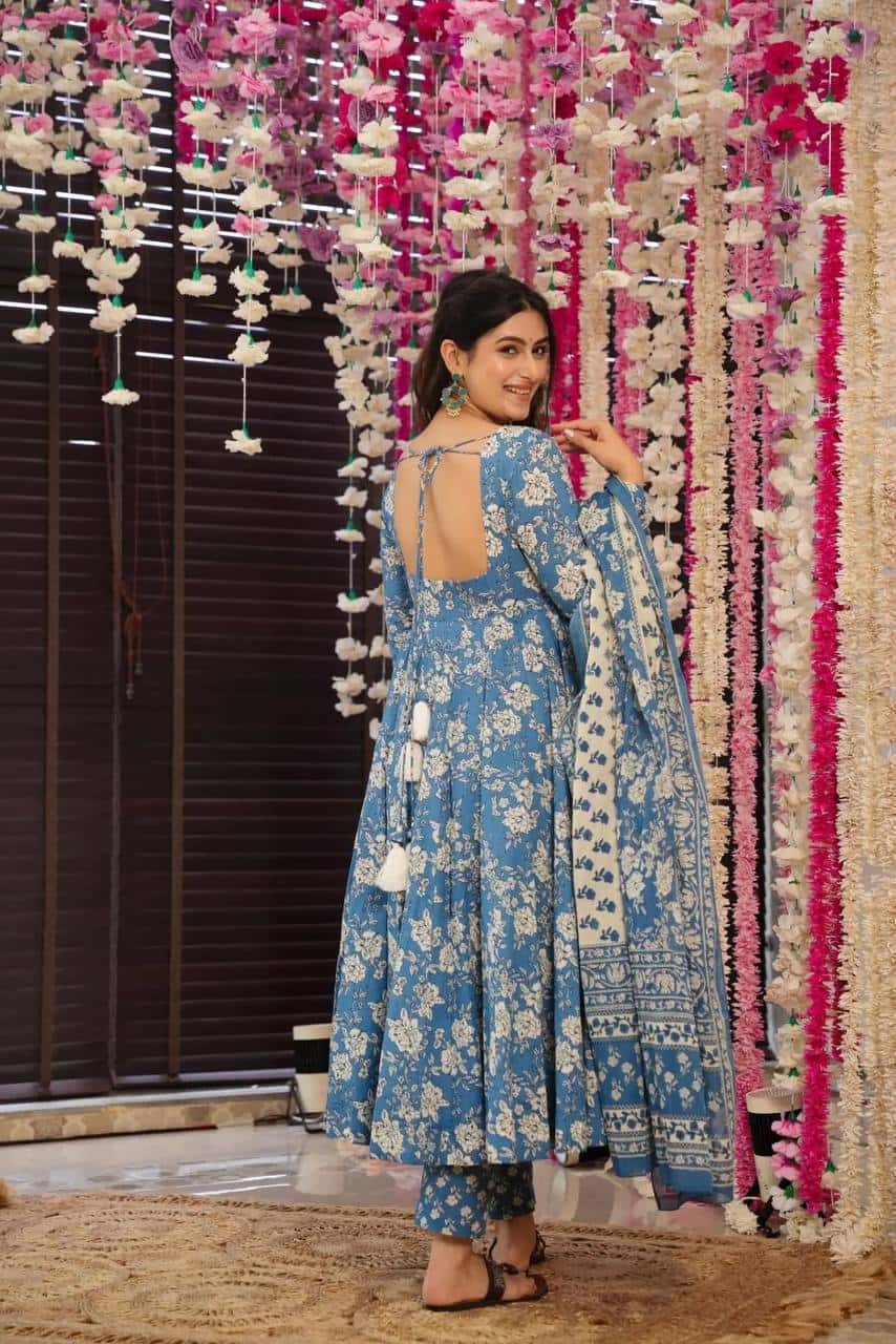 Flower print Pure cotton anarkali kurta pant with dupatta sets