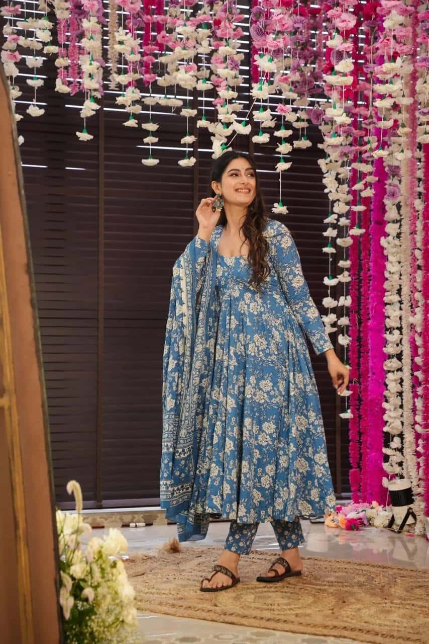 Flower print Pure cotton anarkali kurta pant with dupatta sets