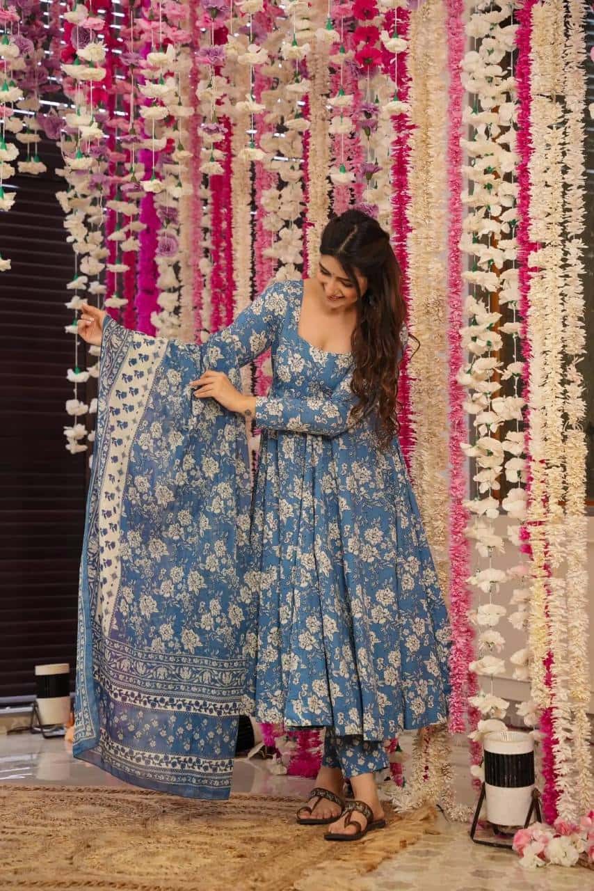 Flower print Pure cotton anarkali kurta pant with dupatta sets
