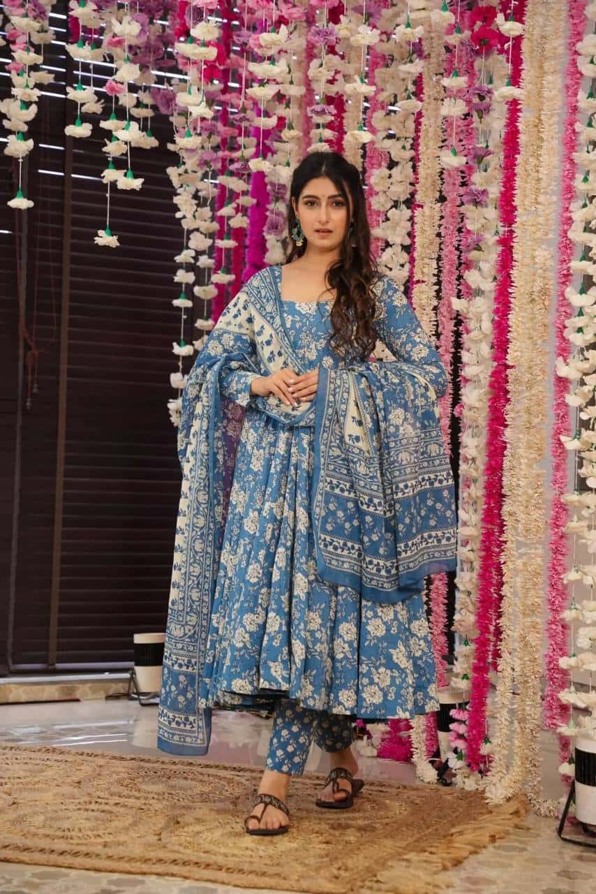 Flower print Pure cotton anarkali kurta pant with dupatta sets