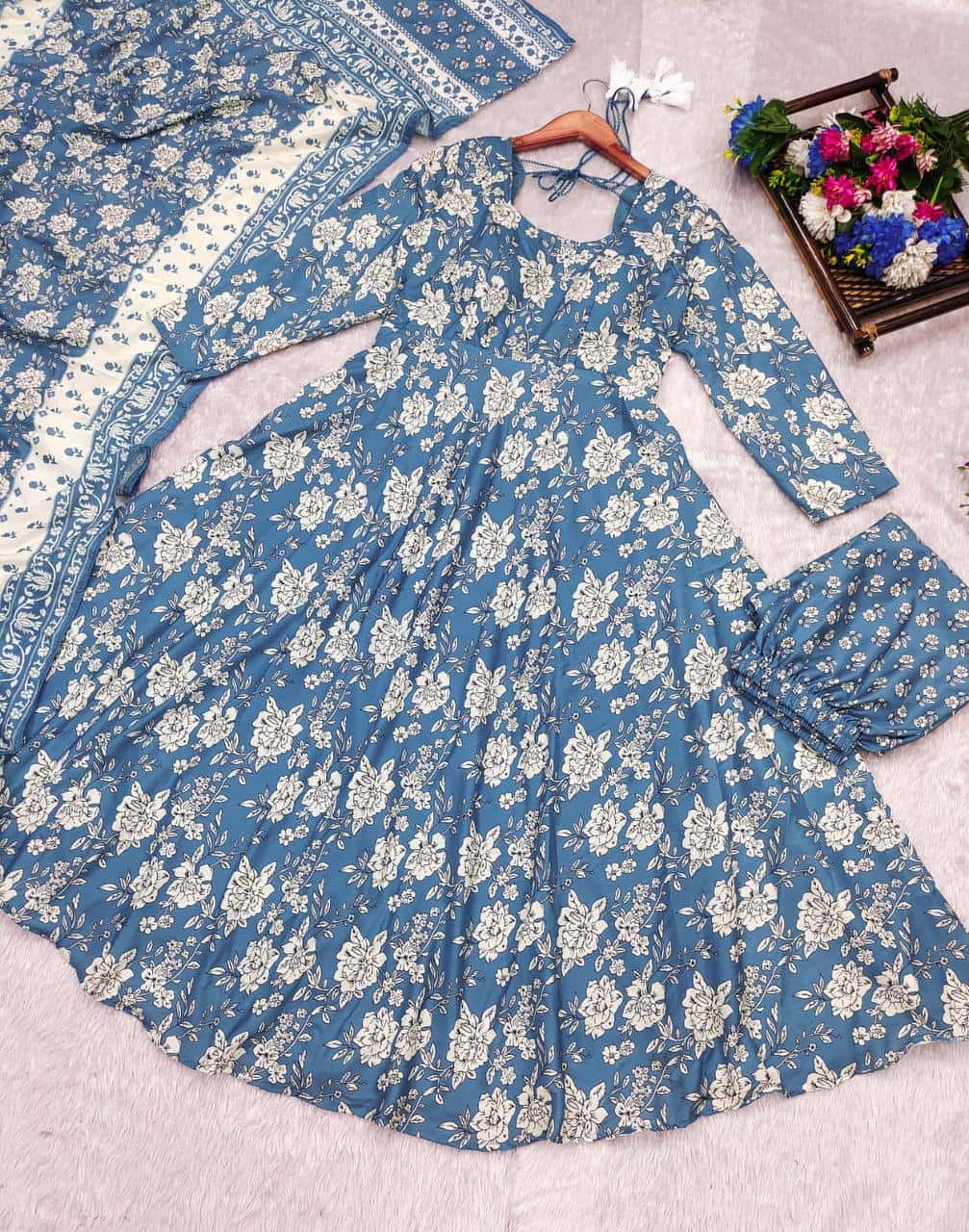 Flower print Pure cotton anarkali kurta pant with dupatta sets