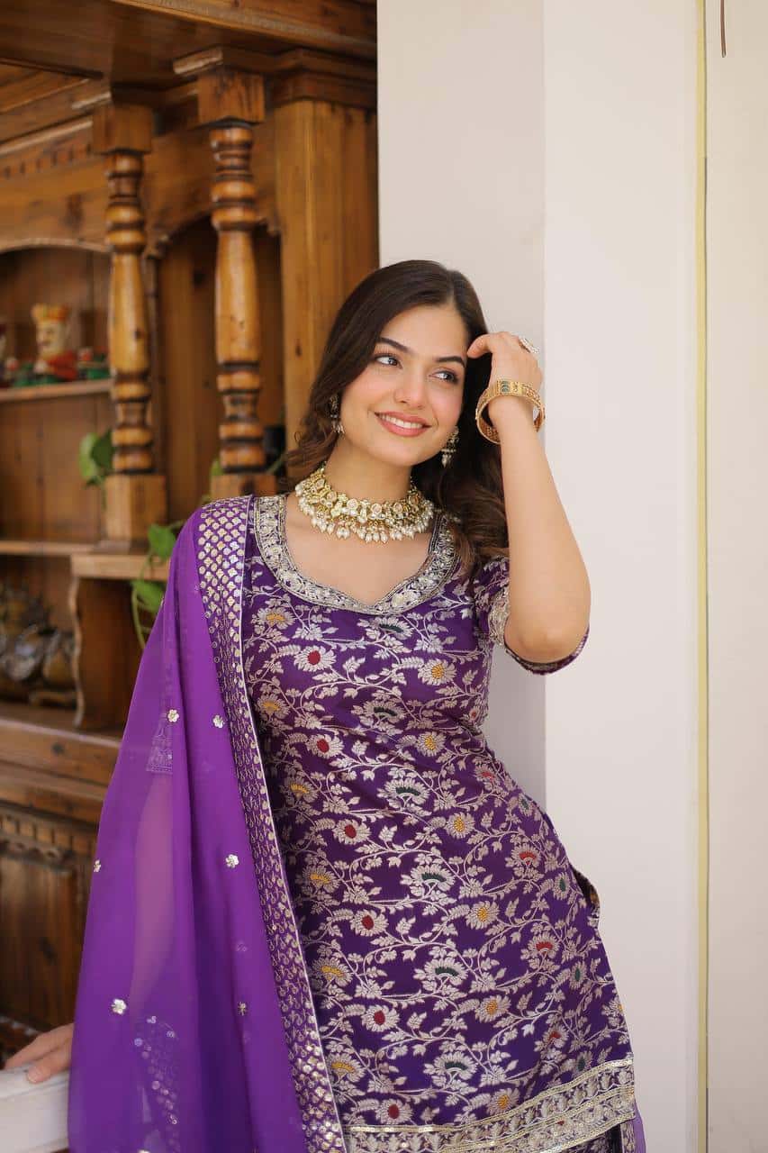 Designer Gharara Set with Sequins & Zari Embroidery – Viscose Jacquard Collection