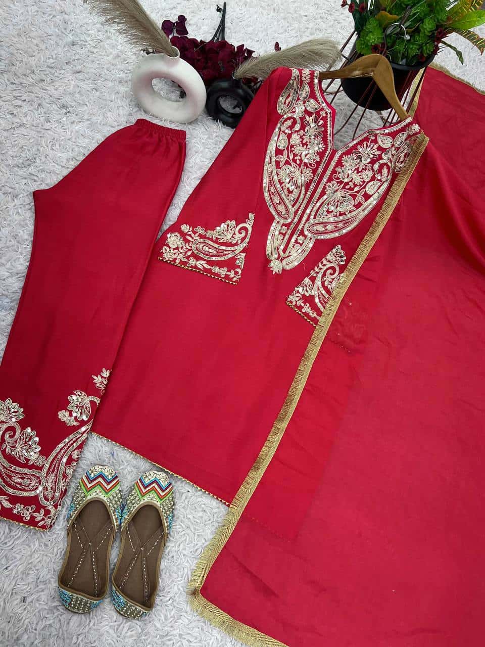 Elegant Pure Chinnon Silk Embroidered Set with Lace Border Dupatta