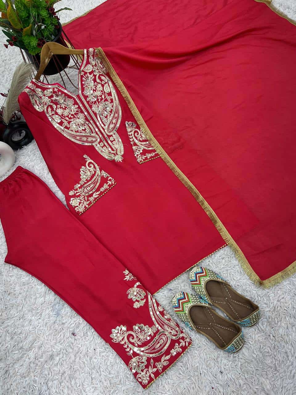 Elegant Pure Chinnon Silk Embroidered Set with Lace Border Dupatta