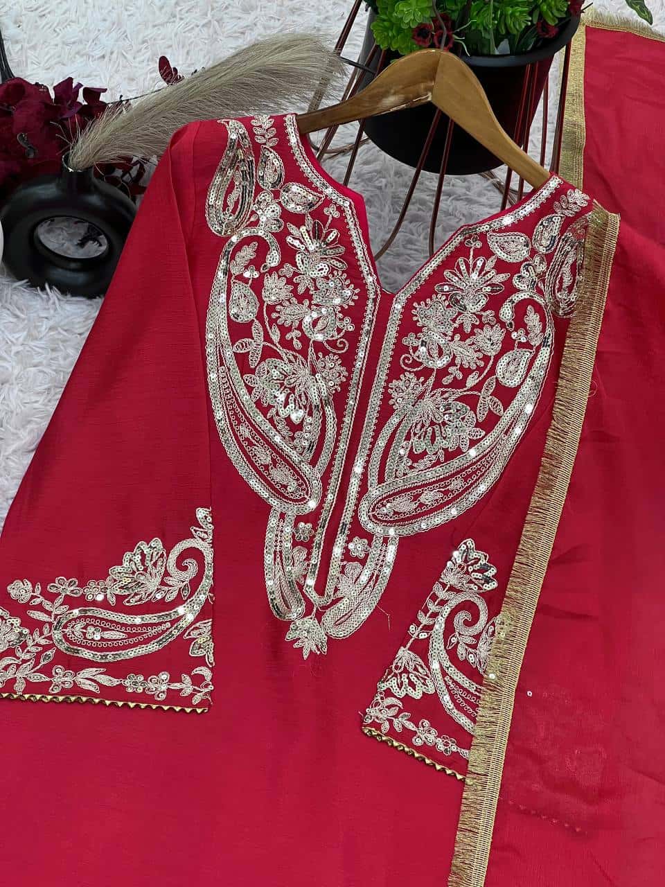Elegant Pure Chinnon Silk Embroidered Set with Lace Border Dupatta