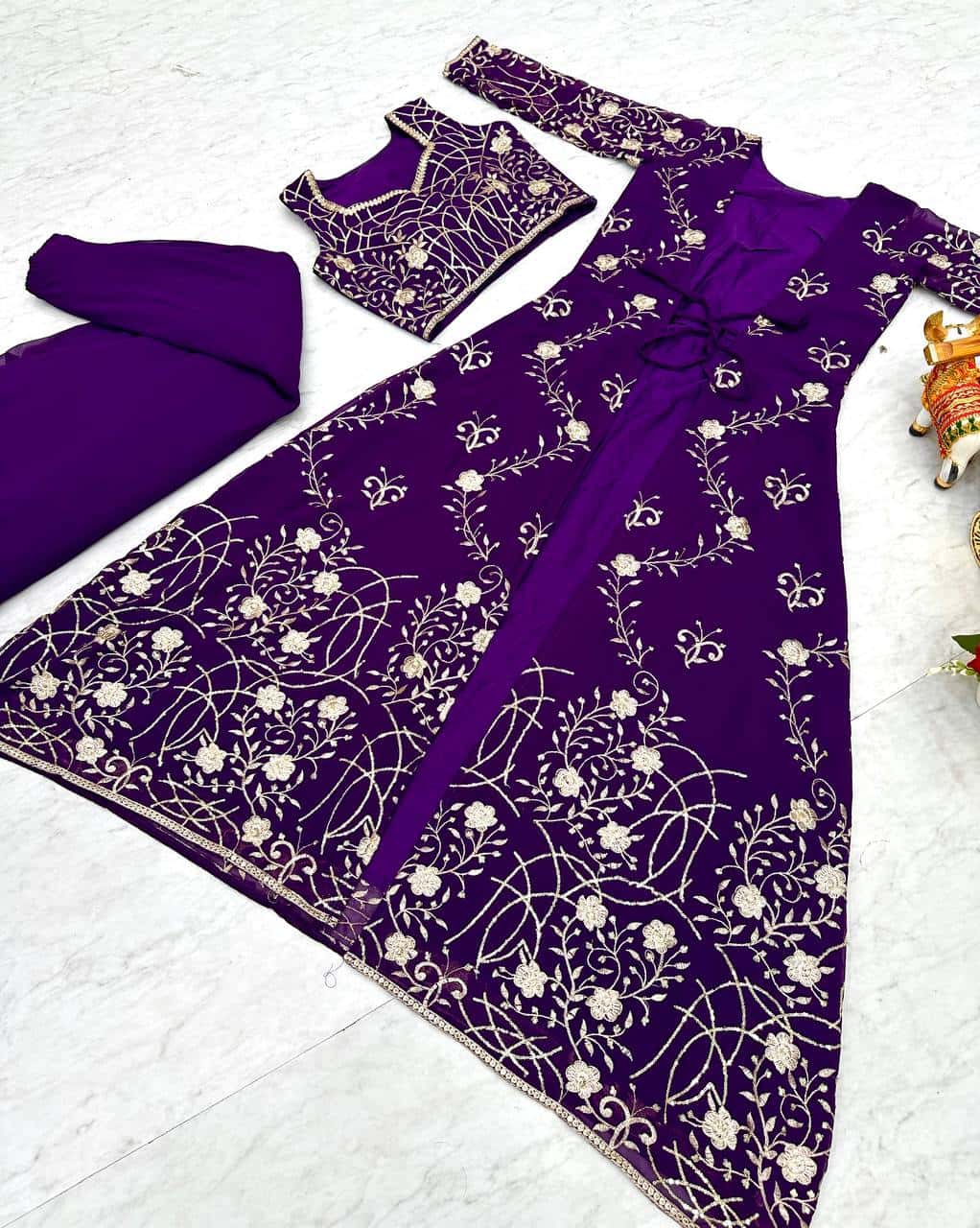 Heavy Faux Georgette Shrug, Choli & Palzzo Set with 3mm Embroidery
