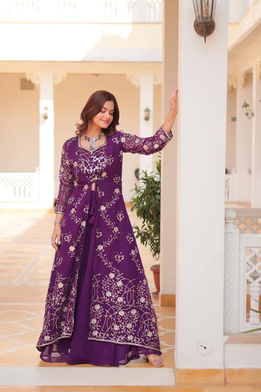 Heavy Faux Georgette Shrug, Choli & Palzzo Set with 3mm Embroidery