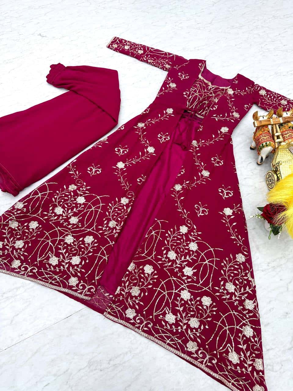 Heavy Faux Georgette Shrug, Choli & Palzzo Set with 3mm Embroidery