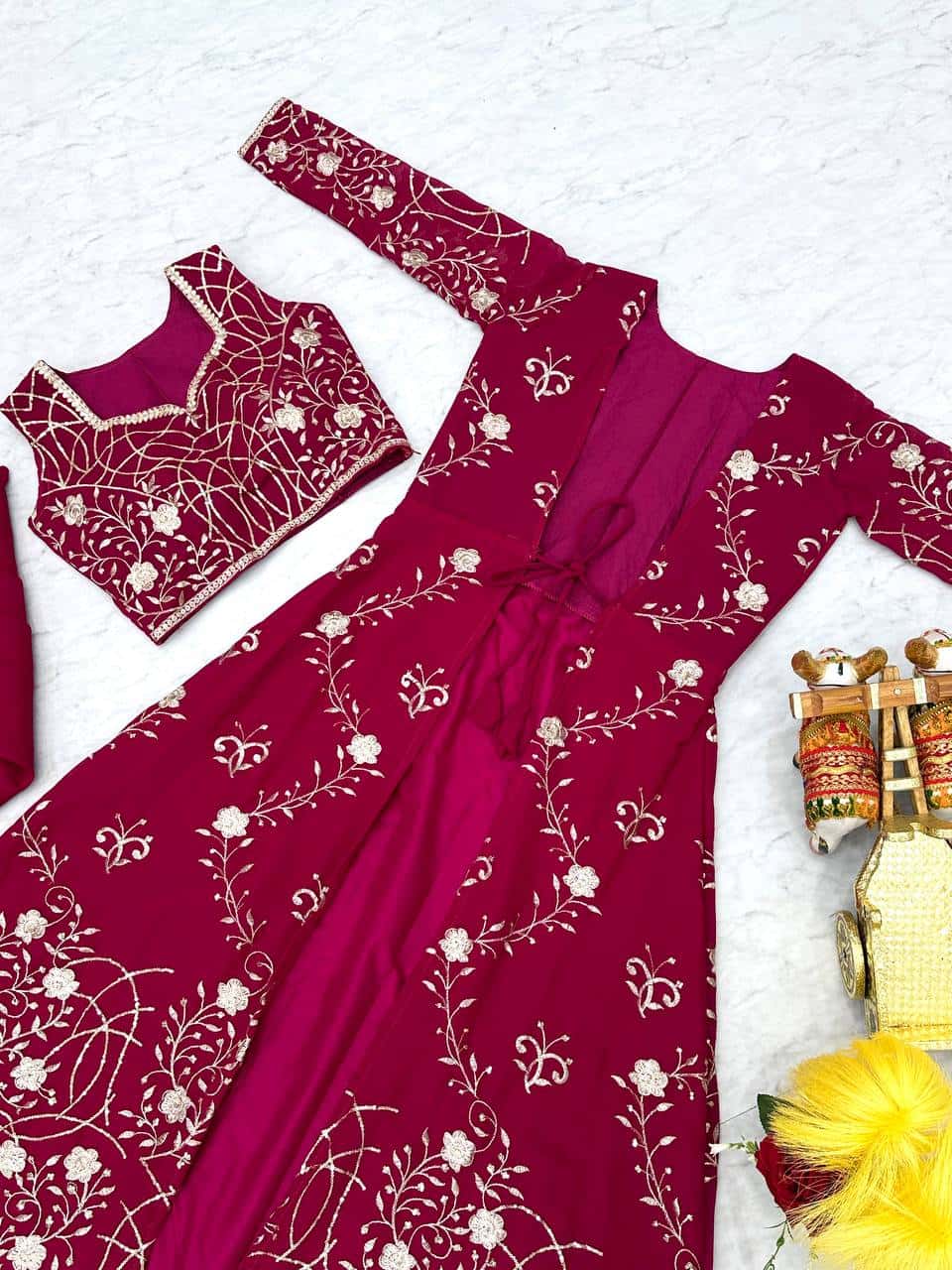 Heavy Faux Georgette Shrug, Choli & Palzzo Set with 3mm Embroidery