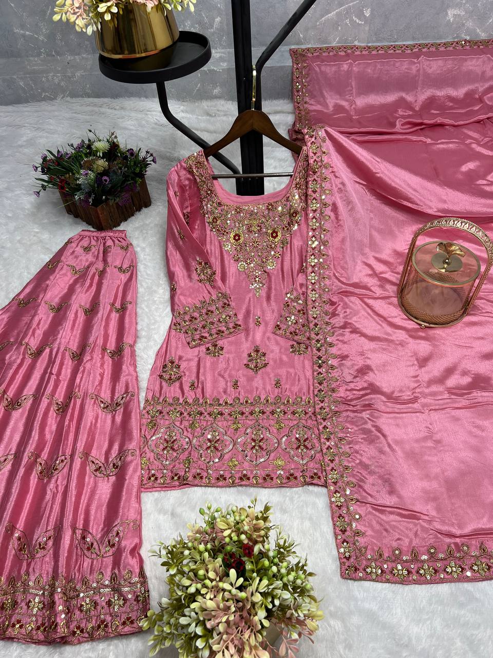 Heavy work silk kurta sharara with dupatta sets