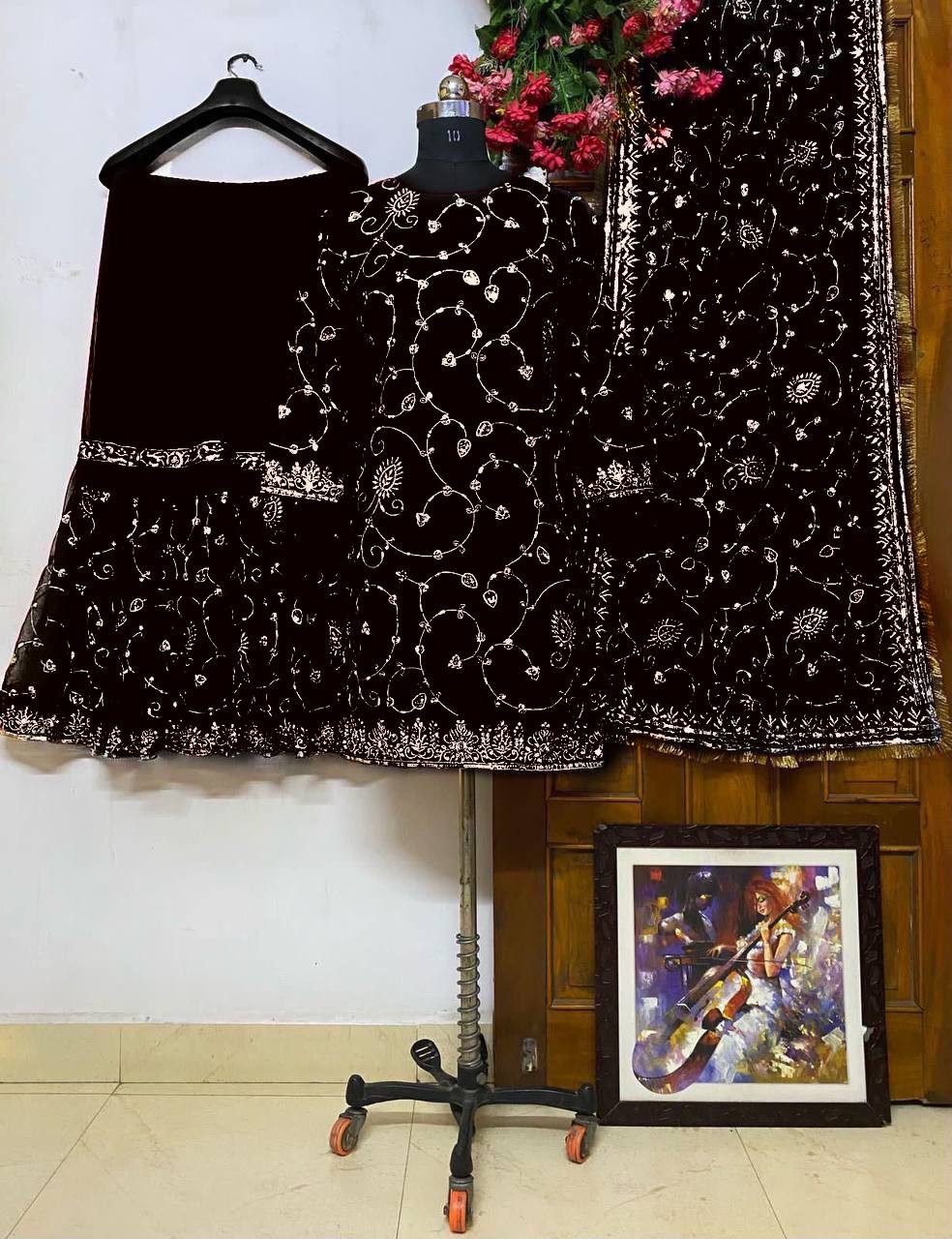 Festival wear Georgette Embroidered Top &amp; Sharara Set with Dupatta