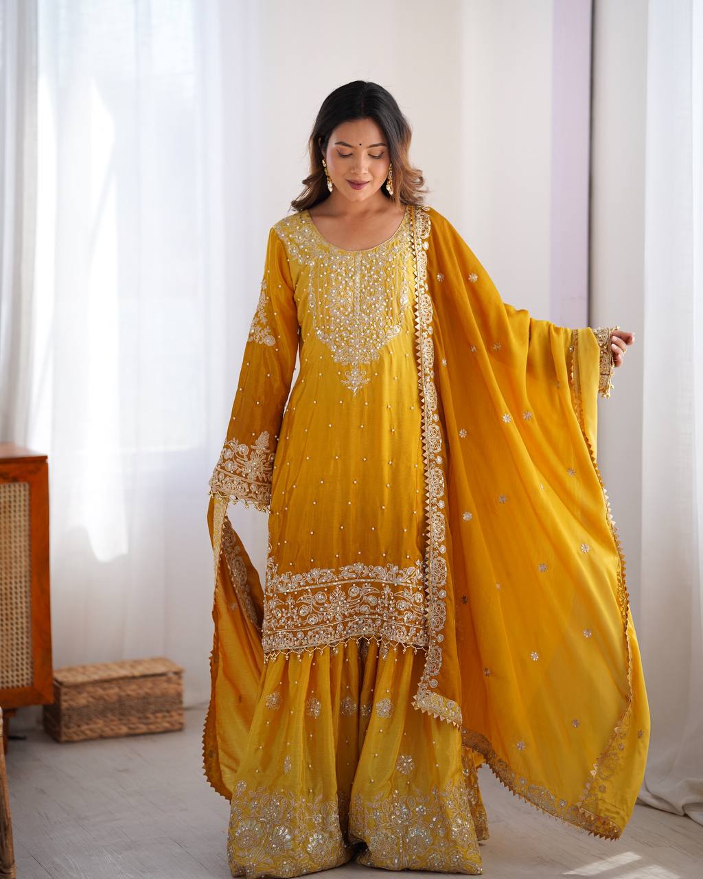 Designer silk kurta palazzo with dupatta set