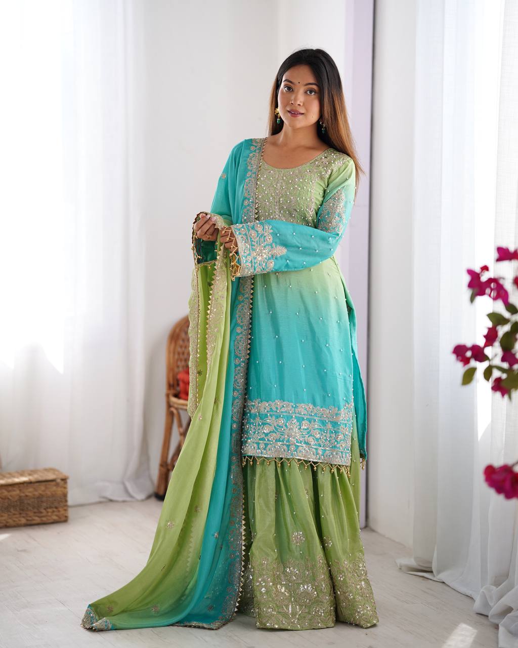 Designer silk kurta palazzo with dupatta set