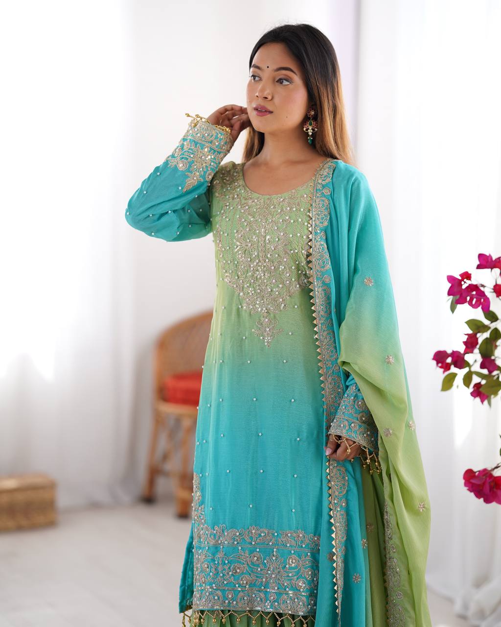 Designer silk kurta palazzo with dupatta set