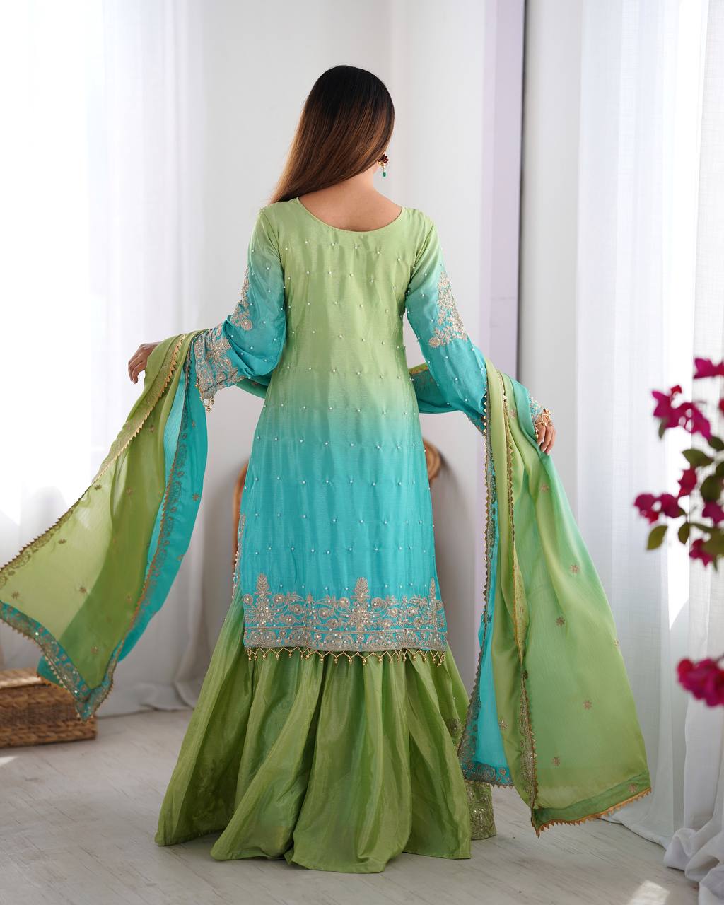 Designer silk kurta palazzo with dupatta set