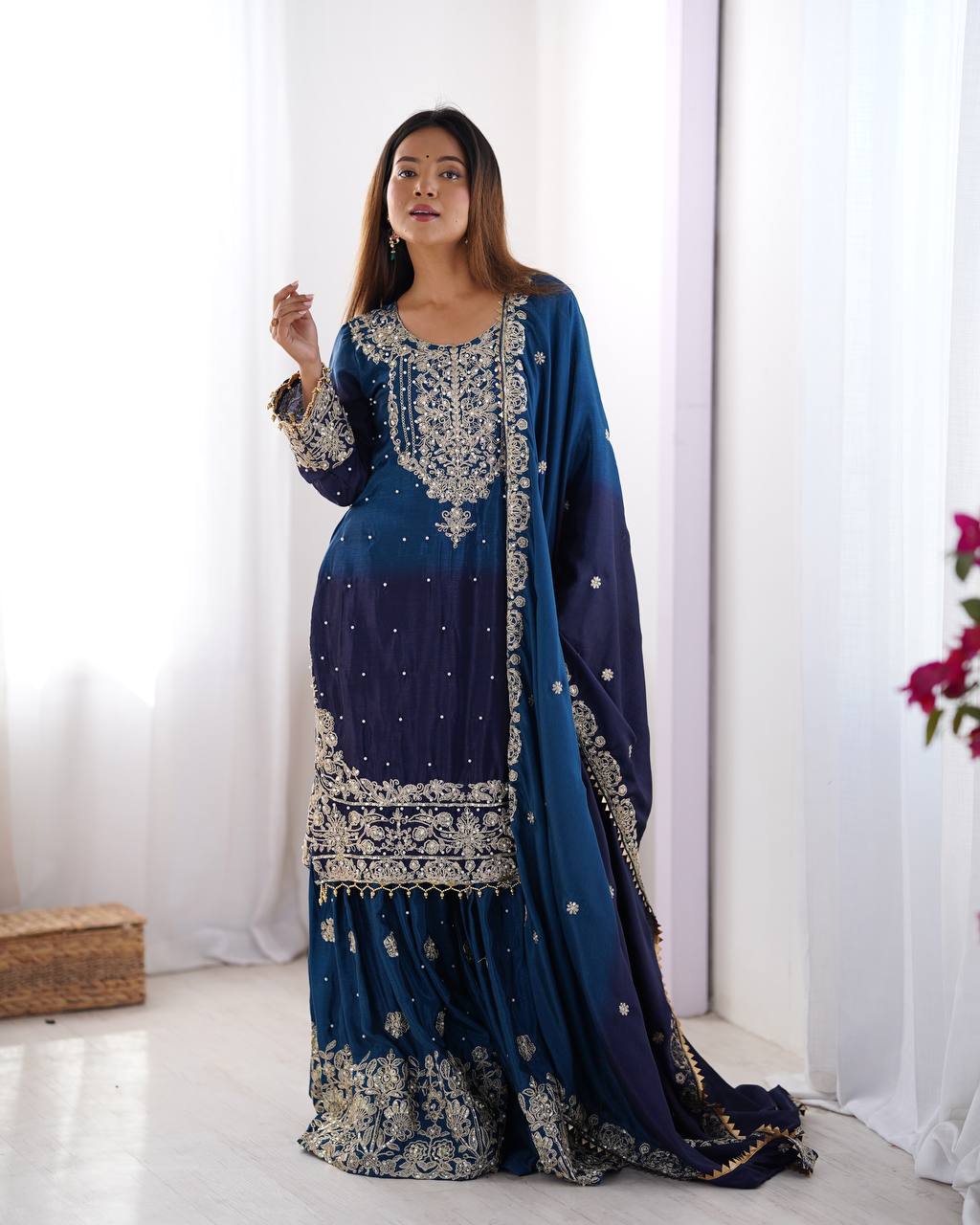 Designer silk kurta palazzo with dupatta set